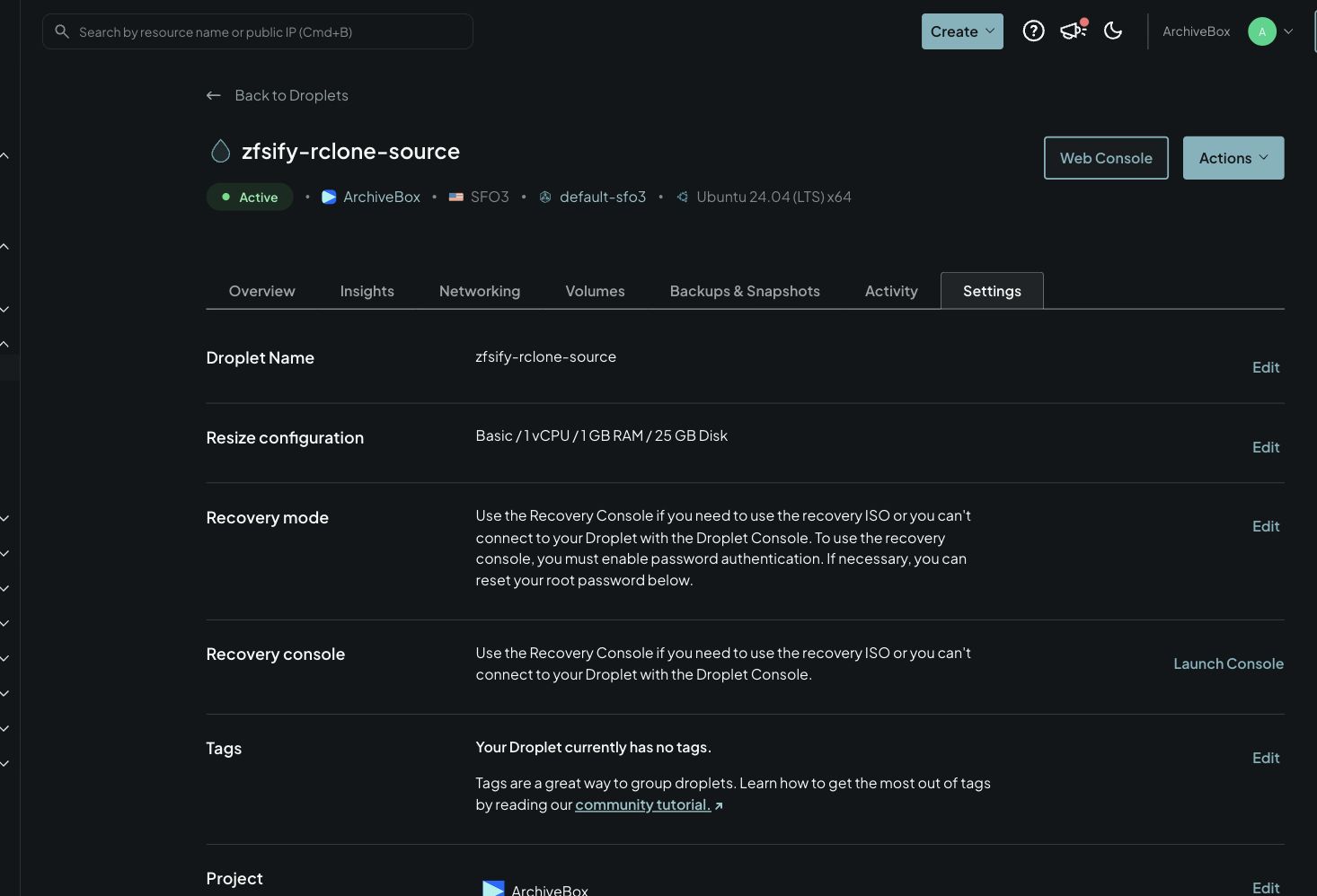 DigitalOcean Droplet settings showing 1 GiB RAM, 25 GiB disk, and Launch Console